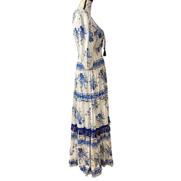 Me 2 Magic Anthropologie Maxi Dress Bohemian Blue Floral Print Tassel Size XL - Picture 2 of 7